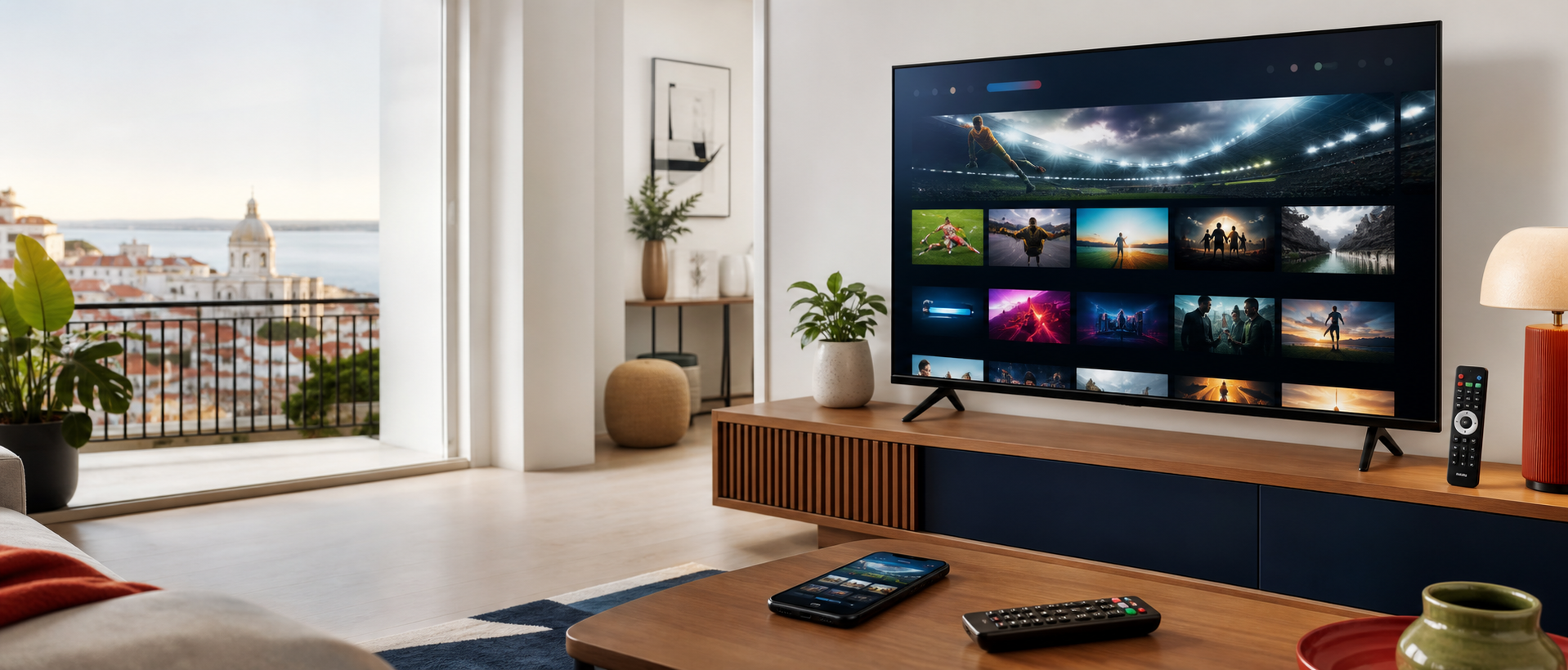 Experiência IPTV Portugal numa sala moderna